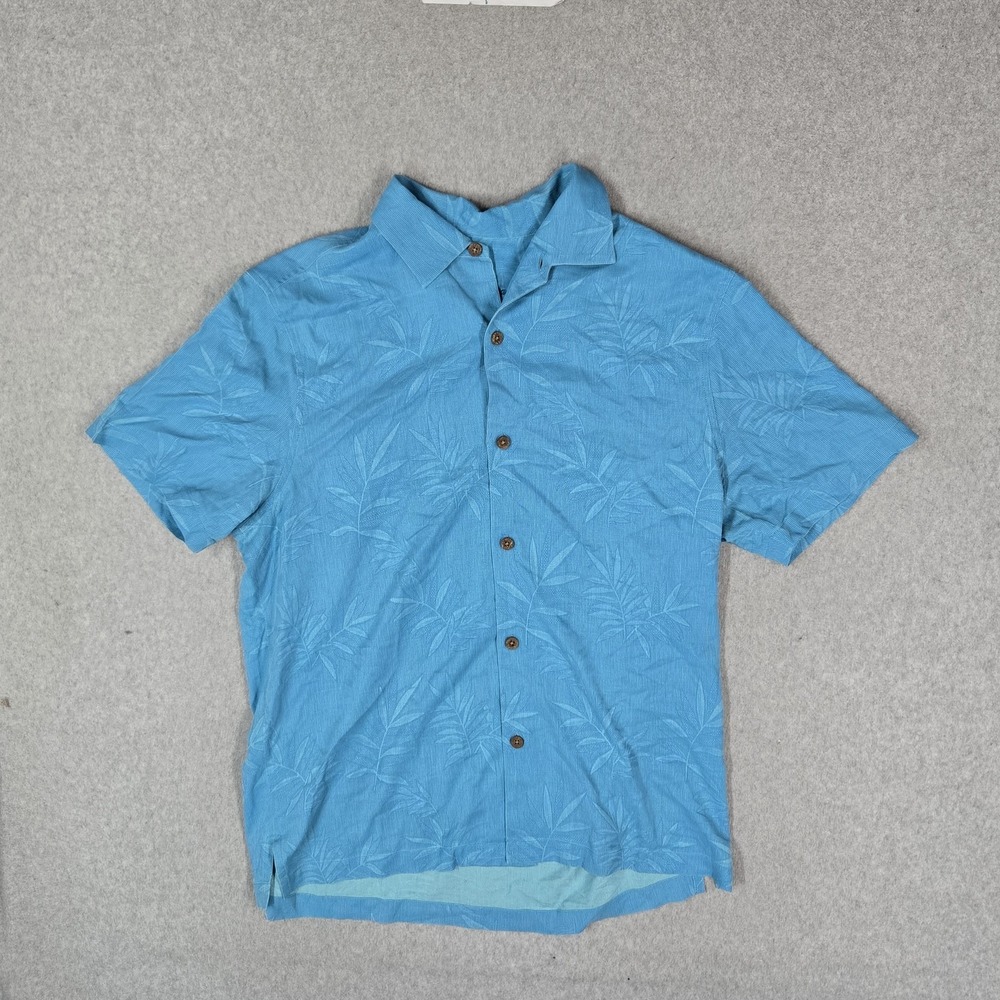 Tommy Bahama Button Up Shirt L Blue Leaf Print 100% Silk Hawaiian Short Sleeve